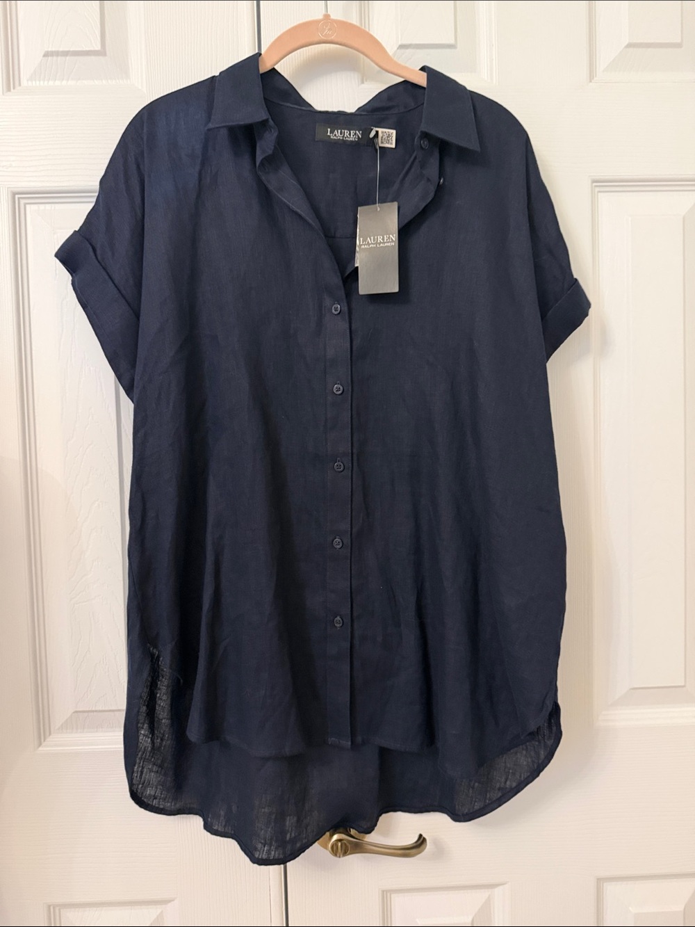 NWT Lauren Ralph Lauren Navy Blue Linen Short Sleeve Shirt - Picture 4 of 12